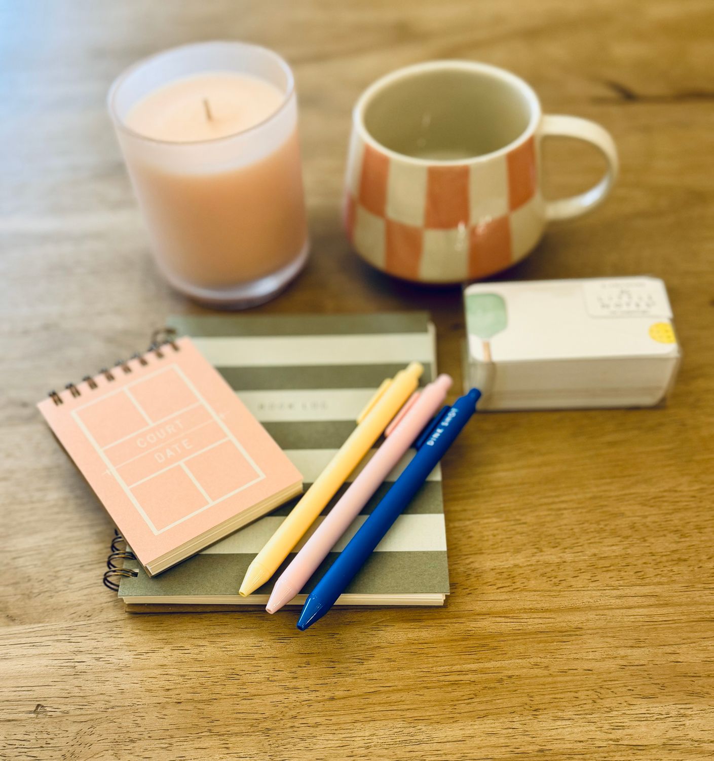 “Pickleball-inspired candle, notepad, and mug gift bundle