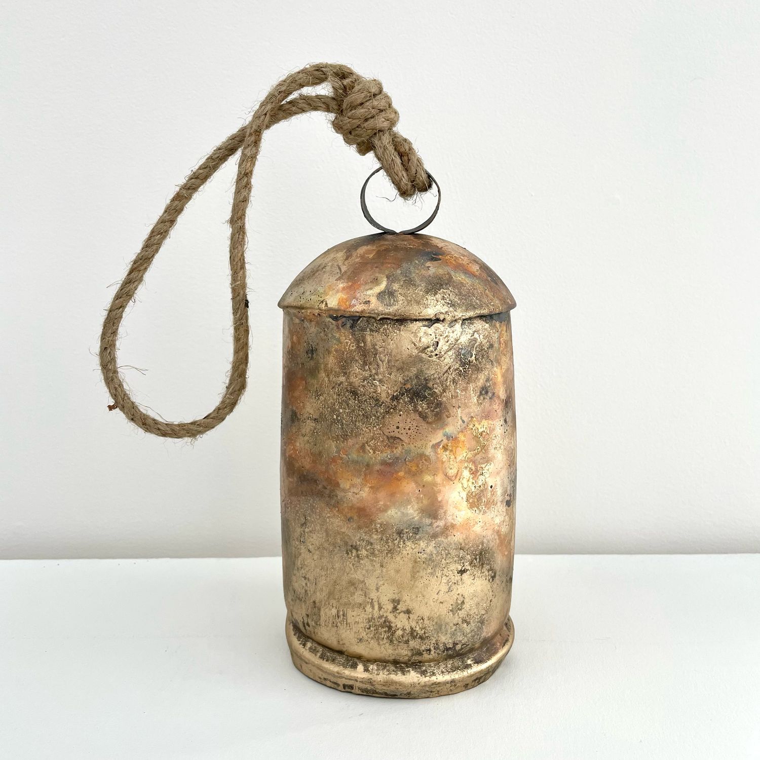 9 1/2&quot; tin brass finish bell w/ wood striker jute hanger