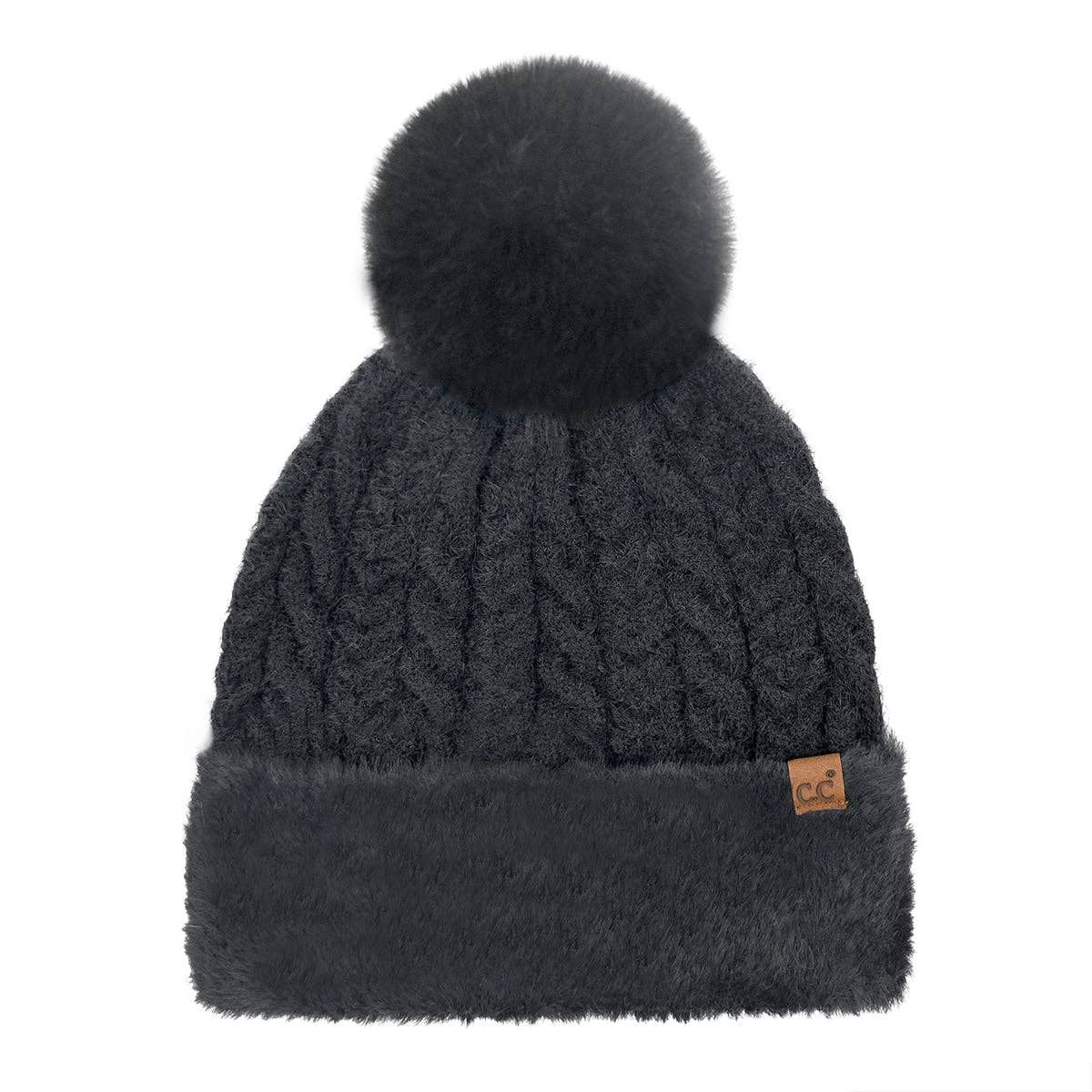Cable Knit Fur Cuff C.C Pom Beanie HTE0107: Black
