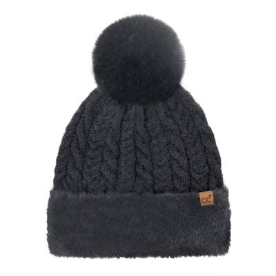 Cable Knit Fur Cuff C.C Pom Beanie HTE0107: Black