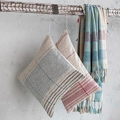 Pillow - 24 Inches Woven Cotton Slub Lumbar Grid Pattern