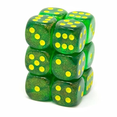 Chessex - Set de 12 dados D6 de 16mm Boralis® Verde olmo/Amarillo
