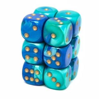 Chessex - Set de 12 dados D6 de 16mm Gemini® Azul-Verde azulado/Dorado