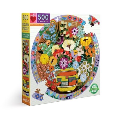 eeBoo - Purple Bird and Flowers - rompecabezas redondo - 500 piezas