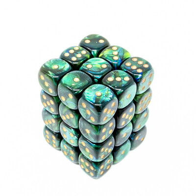 Chessex - Set de 36 dados D6 de 12mm Scarab® Jade/Dorado