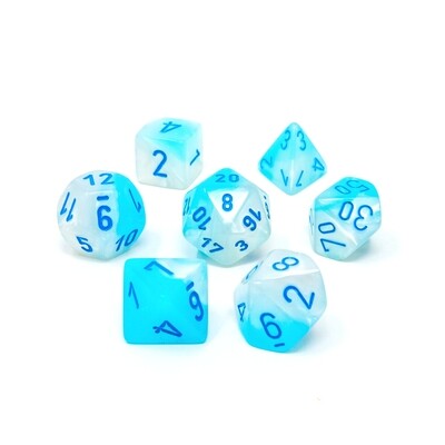 Chessex - Set de 7 dados poliédricos Gemini® Turquesa aperlado-Blanco/Azul Luminary™