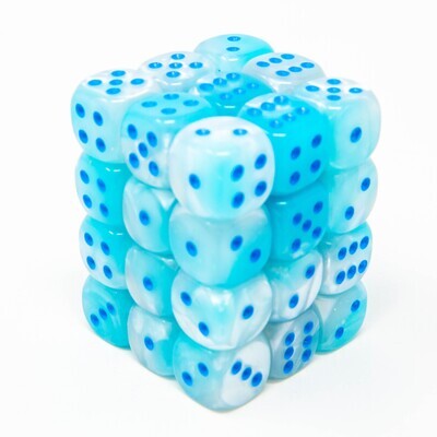 Chessex - Set de 36 dados D6 de 12mm Gemini® Turquesa aperlado-Blanco/Azul Luminary™