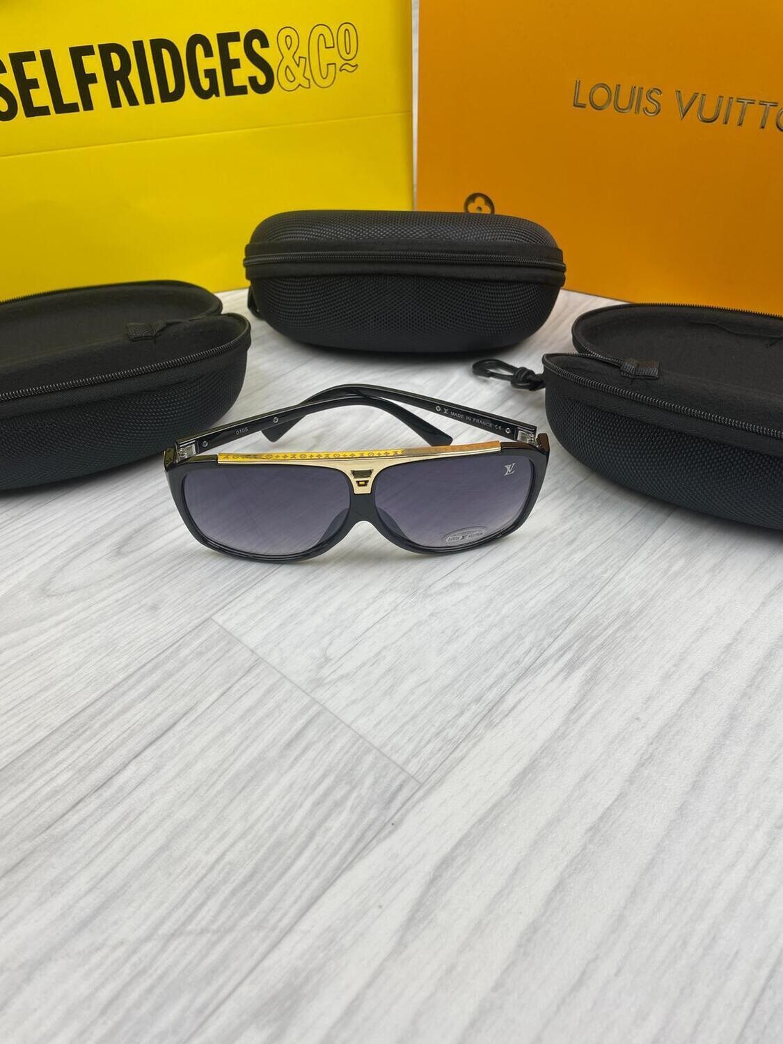 Louis Vuitton Men Women Fashion Black Sunglasses Fake Reps Sale UK Man Woman First Copy Replica Cheap Price Sunglass Men's Women's Designer Eyewear Rep 1st Copies Unisex Curved Frame Fakes 1:1 Gold LV Brand Logo Bar AAA Duplicate 1 to 1