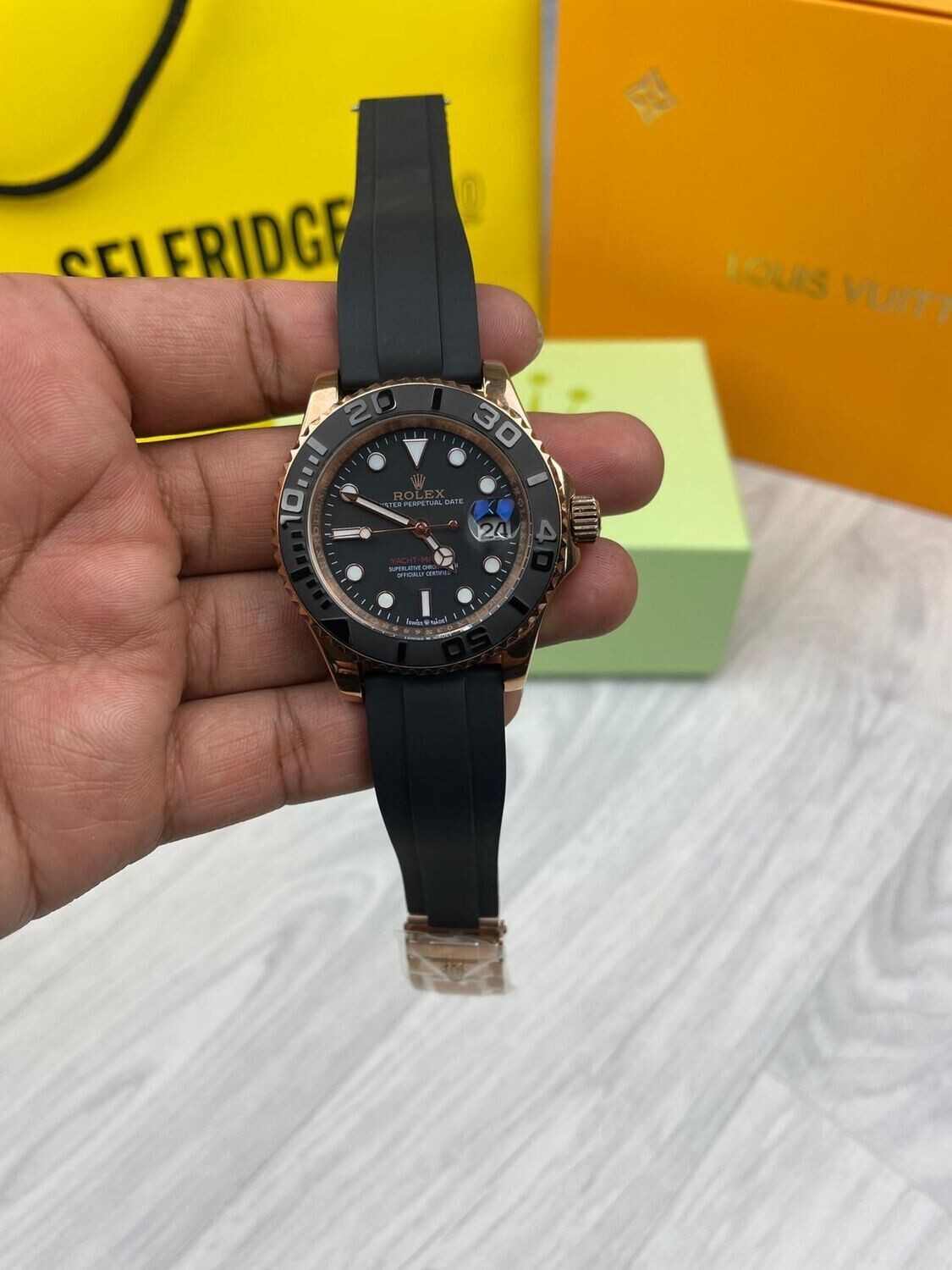 Rolex Yacht Master Gold/Black  Watch with Rubber Straps Men's