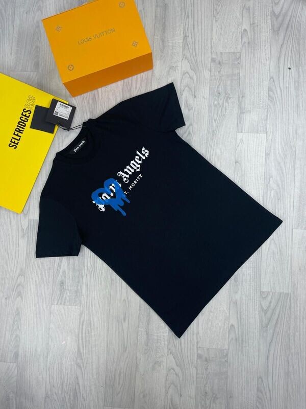 Palm Angles St Moritz Spray Heart Love T-shirts Palm Angels Men's Women's Blue Heart Spray Black Tshirt Replica Sale UK Men Women First Copy Designer T-shirt Man Woman Cheap Price T Shirts 1st Copies Fakes Rep Tshirts 1:1 Luxury PA Fake Reps Brand Logo T-shirts 1 to 1 Tee Shirt AAA Duplicate