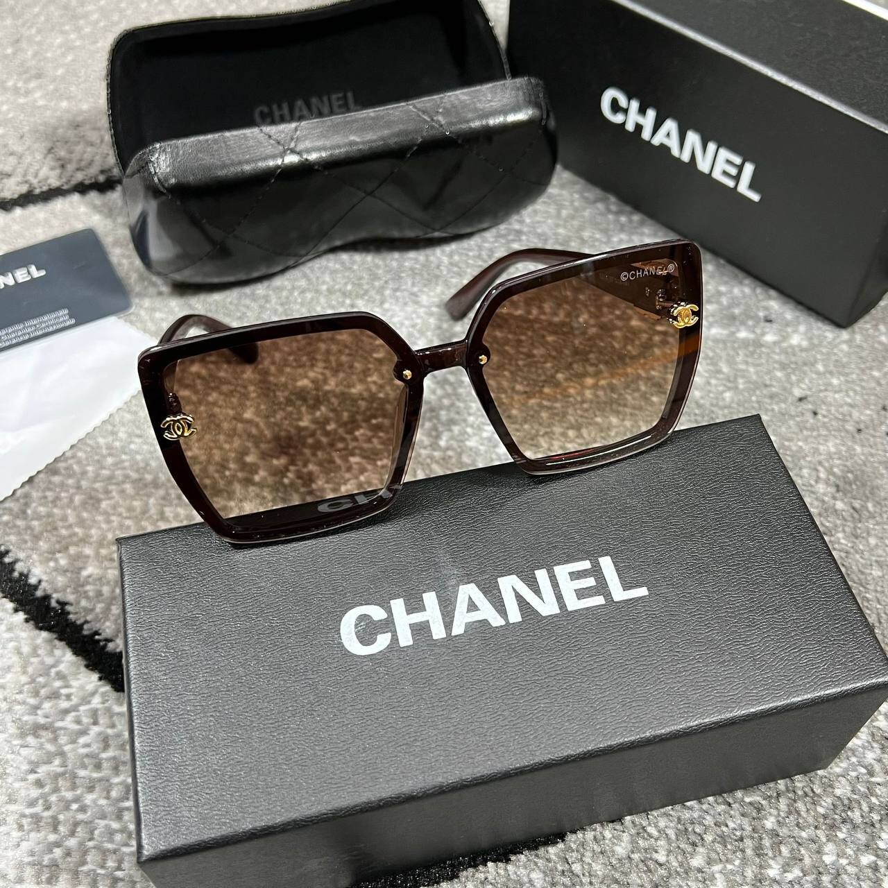 Chanel Men's Women's Large Square Frame Black Replica Sunglass Men Women Cheap Eyewear Rep Outdoor Driving Lens First Copy Beach Polarized Plastic Frames Sunglasses Unisex Fake Reps UV Protected Sale UK 