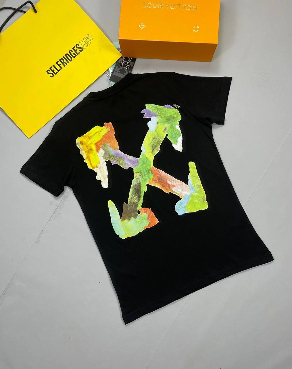 Off White Men Women Replica Tshirt Off-White Men's Women's Abstract Art Fake T-shirt Rep Black Tee Shirts T Shirt Cheap Top Brush Arrow Slim X Reps Tshirts Sale UK First Copy Multi Paint Logo T-shirts