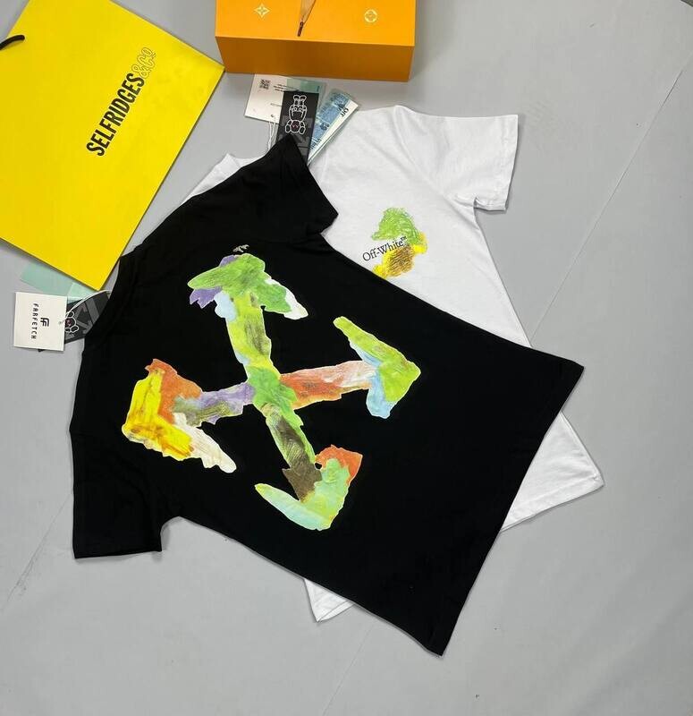 Off White Men Women Replica Tshirt Off-White Men's Women's Abstract Art Fake T-shirt Rep Black Tee Shirts T Shirt Cheap Top Brush Arrow Slim X Reps Tshirts Sale UK First Copy Multi Paint Logo T-shirts