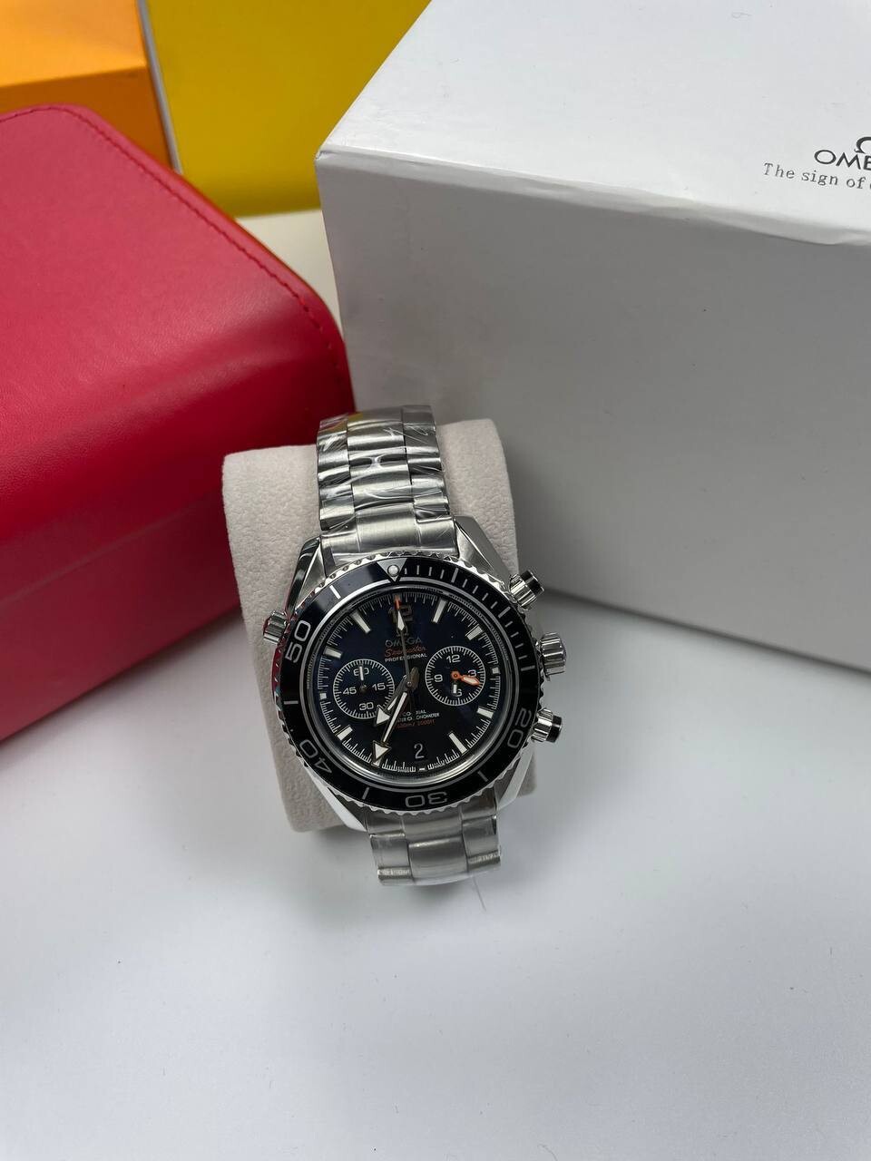 Omega Seamaster Planet Ocean Chronograph Steel Watch in Black Dial Men's