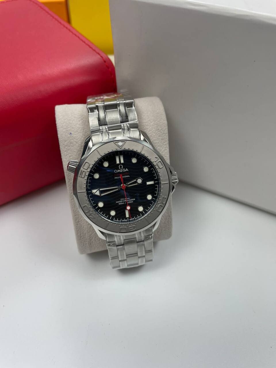 Omega Seamaster Diver 300M Professional Wave Black Dial Silver Chain Men's Watch