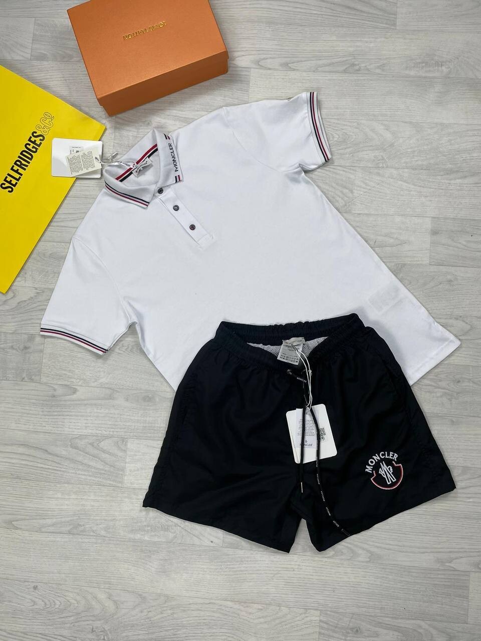 Moncler Men Polo Shirt Short Set Replica Logo Patch Half Sleeve Men's Reps Tshirt Stripe White First Copy Shirts Black Shorts Sets Cheap Cotton Boys Polos T-shirt Rep Fake Sale UK