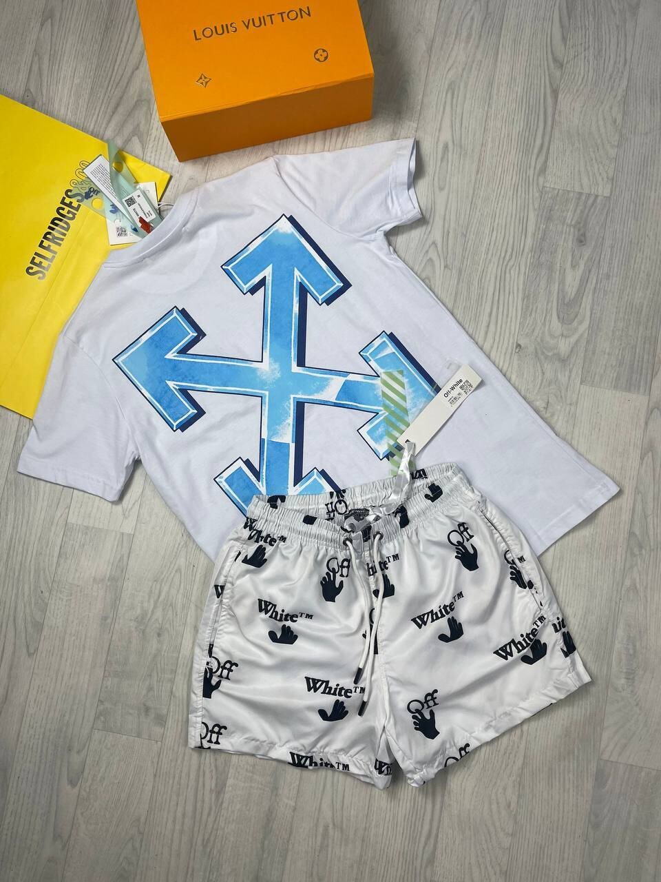 Off-White Swim Shorts Tshirt Set X Printed T-shirts with White Short with Black And White Tee Shirt