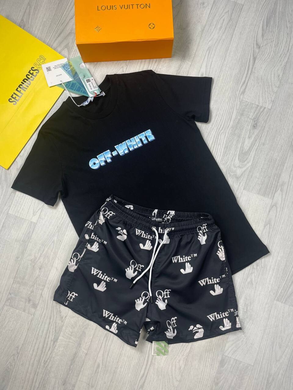 Off-White Clothing T-shirt and Swim Shorts Sets  Black Tee tShirt White Shirts with Black Set