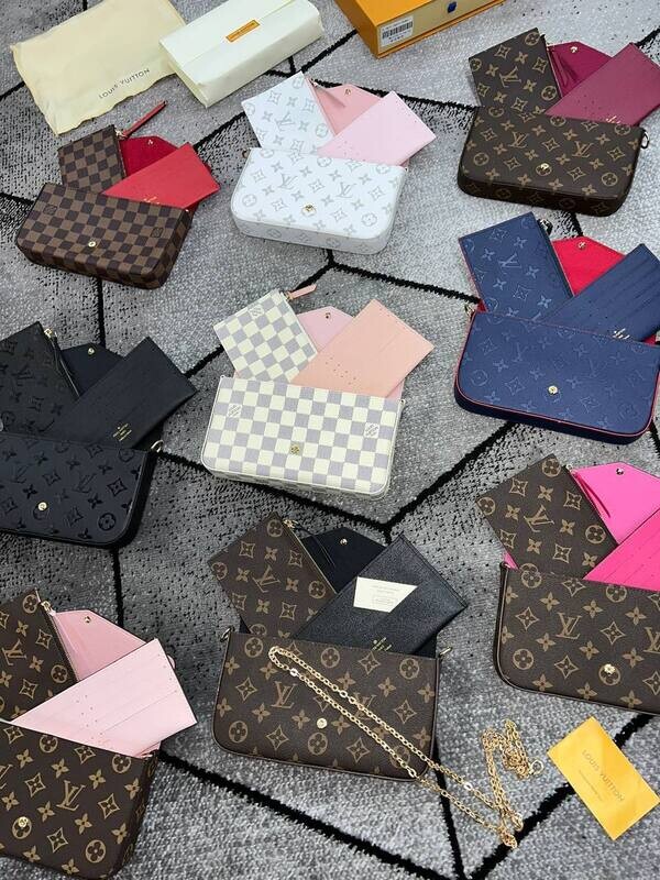 Louis Vuitton Women's Felicie Triple Pochette Bag Black Brown Blue White Pink AAA Sale UK Woman First Copy Replica Trio Pouch Ladies Cheap Price Handbag Women's Luxury 1st Copies Rep Leather Purse Chain Strap Bags Fakes Reps 1:1 LV Brand Logo Duplicate