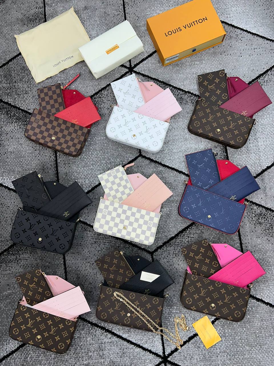 Louis Vuitton Women's Felicie Triple Pochette Bag Black Brown Blue White Pink AAA Sale UK Woman First Copy Replica Trio Pouch Ladies Cheap Price Handbag Women's Luxury 1st Copies Rep Leather Purse Chain Strap Bags Fakes Reps 1:1 LV Brand Logo Duplicate