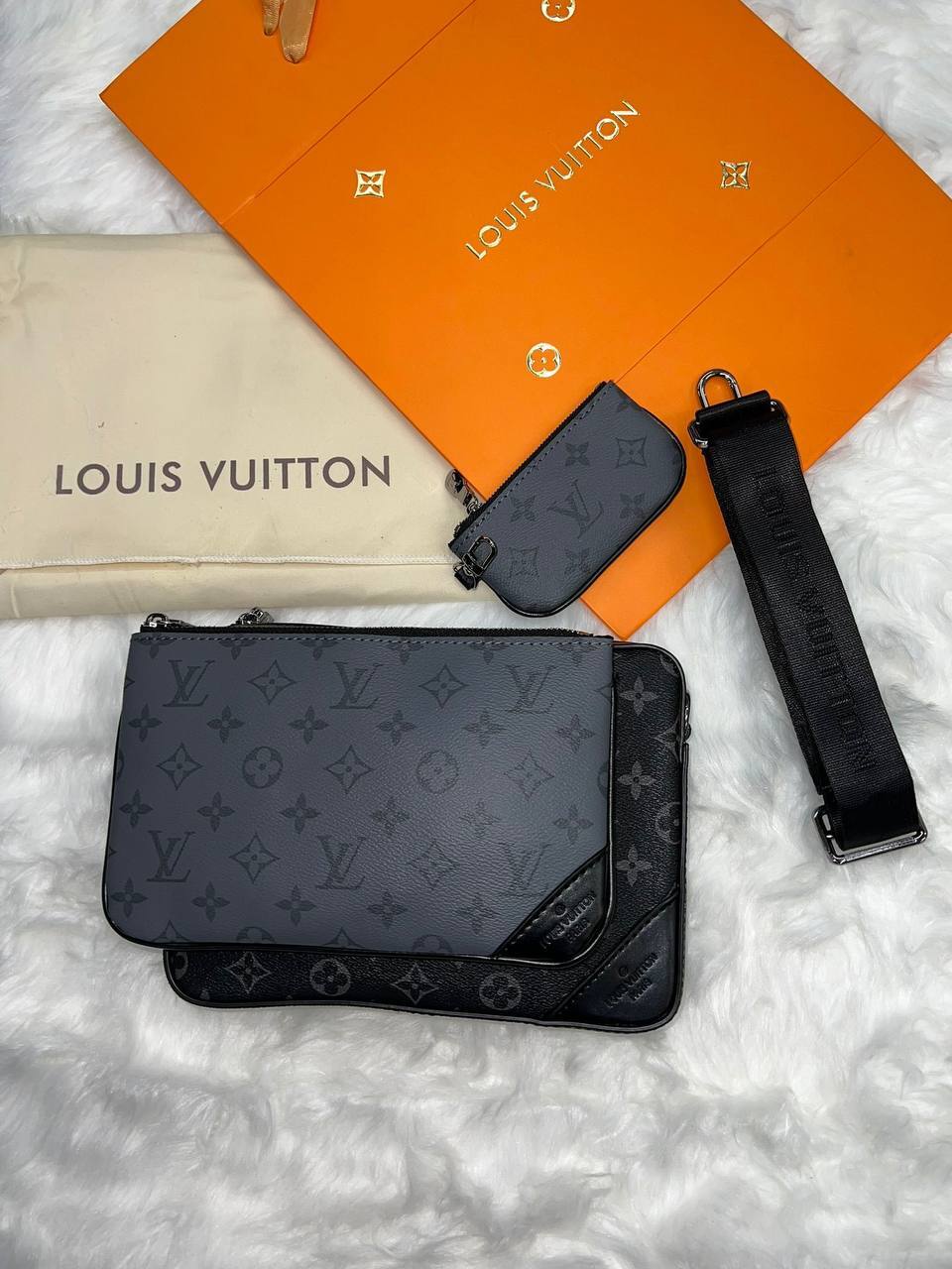 Louis Vuitton Men's Trio Messenger Bag Black White Grey Designer Reps Sale UK Men First Copy Replica Cheap Price Fake Rep Triple Pouch Man Fakes Luxury 1st Copies LV Brand Logo Leather Crossbody Purse AAA 1:1 Duplicate Long Belt Wallet Original