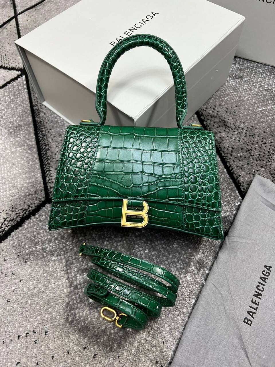 Balenciaga Women Crocodile Embossed Designer Green Bag AAA Sale UK Woman First Copy Replica Leather Hourglass Top Handle Bags 1st Copies Cheap Price Fakes Reps Women's 1 to 1 Brand Logo Handbags 1:1 Fake Rep Long Belt Duplicate