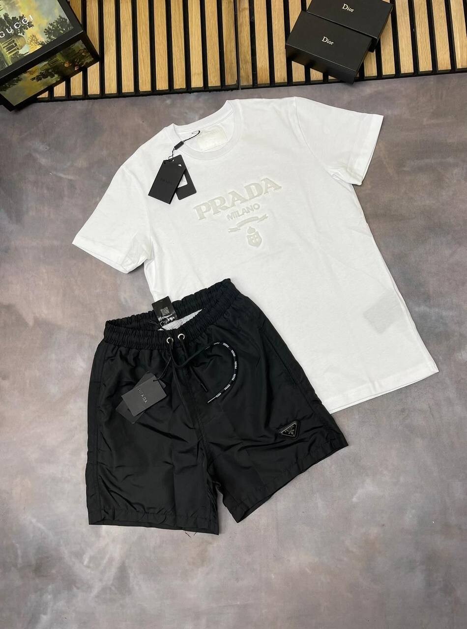 Prada Milano Men's Cotton White T-shirts Black Short Set Replica Sale UK Man First Copy Fake Rep Men Cheap Price Fakes Reps Tshirt Swim Cargo Shorts Sets 1st Copies Designer Joggers 1 to 1 Brand Logo 1:1  Nylon Bottom Boys AAA Duplicate