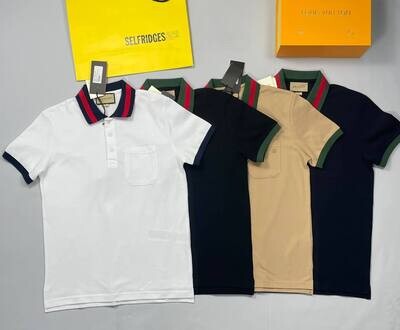 Gucci Men's Women's Designer Replica AAA Golf Piquet Polo Shirts Sale UK Man Woman First Copy Reps Fake Polos Shirt Rep Cheap Price Boys Girls Cheaper 1st Copies Fashion Clothing Black Brown Navy Blue White GG Brand Logo Stripe Collar 