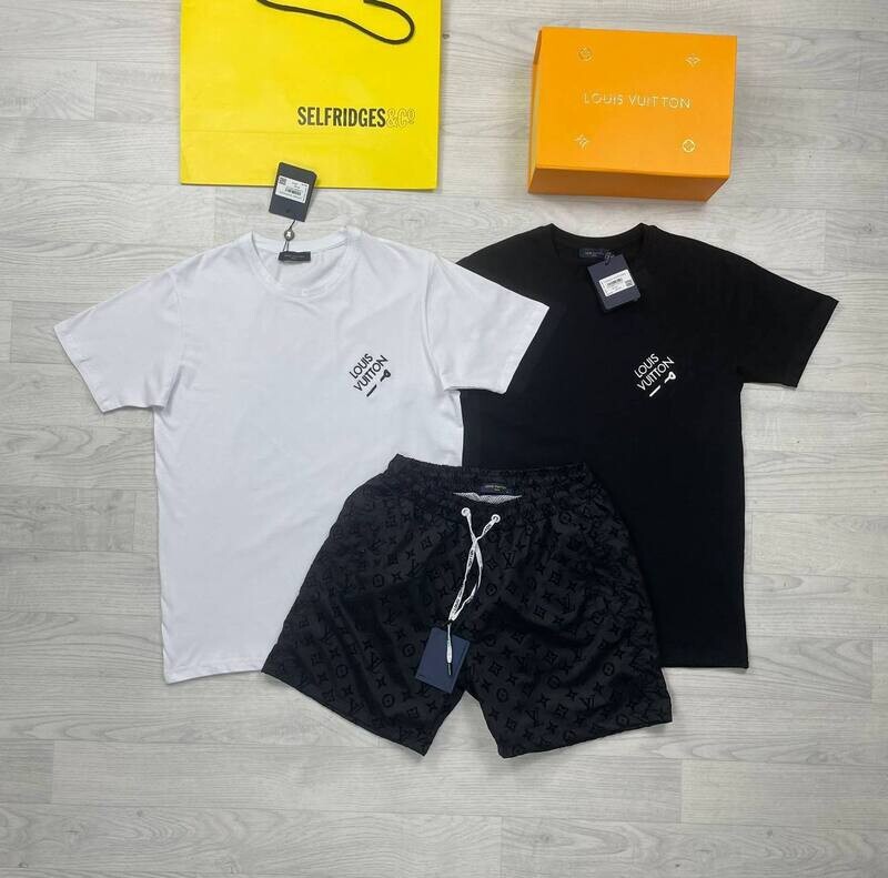 Louis Vuitton Men's T-shirts Shorts Set Louis Vuitton Men's Designer Reps Black White T-shirt Shorts Set Sale UK Men First Copy Fake T-shirt Short Sets Man Cheap Price Rep Mens T Shirt Pant 1st Copies 1:1 Fakes LV Brand Logo Replica Outfit Luxury Fashion Duplicate Original