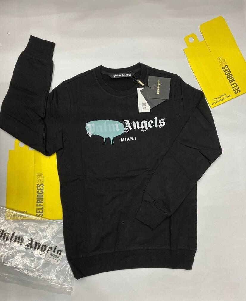 Palm Angels Miami Men's Women's Replica Black Knitted Jumper AAA Sale UK Man Woman First Copy Cheap Price Fake Rep 1:1 Knit Jumpers 1st Copies Men Women Fakes Reps Full Sleeves Knitwear PA Brand Green Spray Logo Sweatshirts 1 to 1 Duplicate