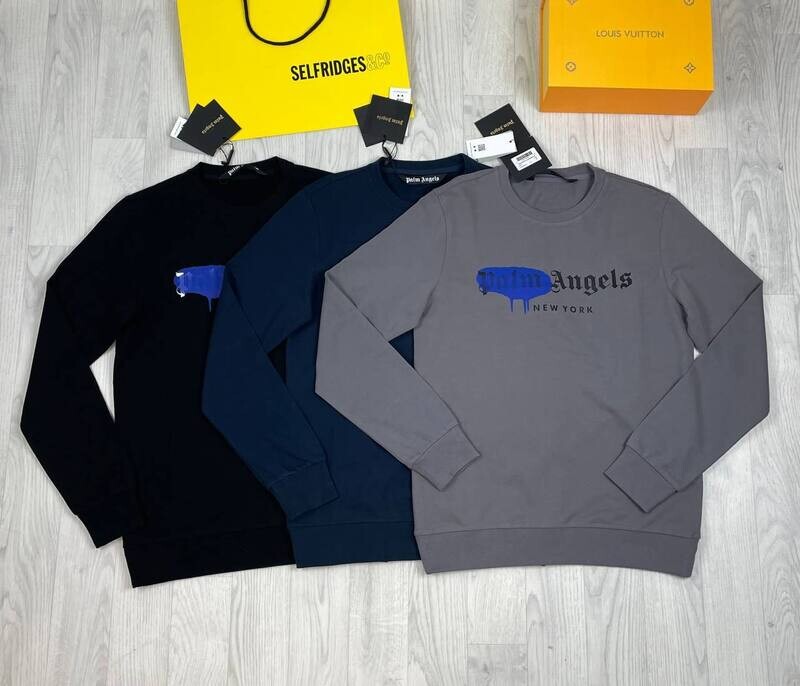 Palm Angels New York Sprayed Logo Knit Jumpers Palm Angels New York Men's Women's Designer Black Navy Blue Grey Jumpers Fakes Rep Sale UK Man Woman First Copy Replica Cheap Price Fake Reps Blue Spray Knit Jumper Men Women Knitwear Sweatshirts 1st Copies PA Brand Logo 1:1 Full Sleeves 1 to 1 AAA Duplicate