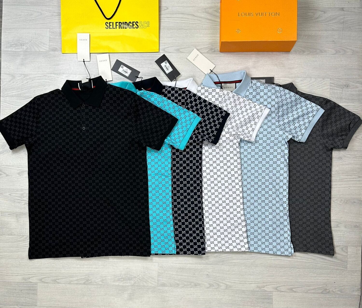 Gucci Men's Women's Fake Reps Designers Black White Cadet Blue Grey Polo Shirts Sale UK Man Woman First Copy Polos Shirt Cotton Cheap Price Men Women Replica AAA 1st Copies Rep Luxury Unisex Clothing Brand Logo Fashion Original Duplicate Double G
