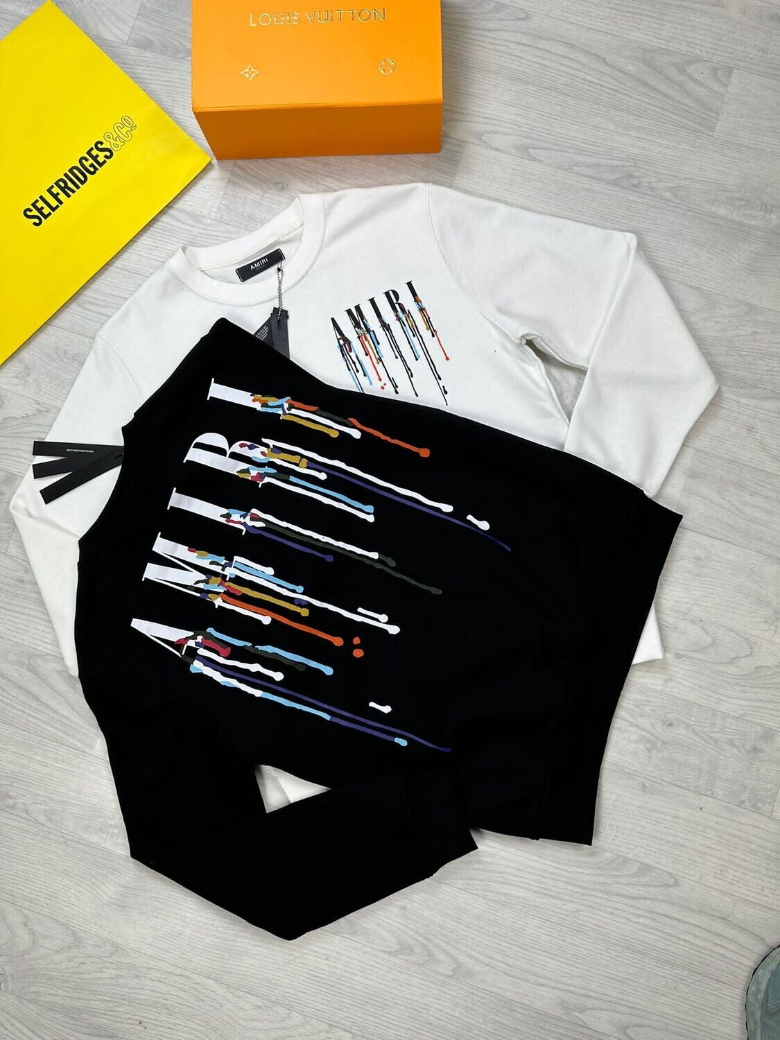 Amiri Men's Women's Paint Drip Logo Top Jumper Sweatshirt Reps Fashion Jumpers Replica Mens Womens Full Sleeve Men Women Crewneck Cheap Sweaters Rep Boys Girls Fake First Copy Black White Sale UK