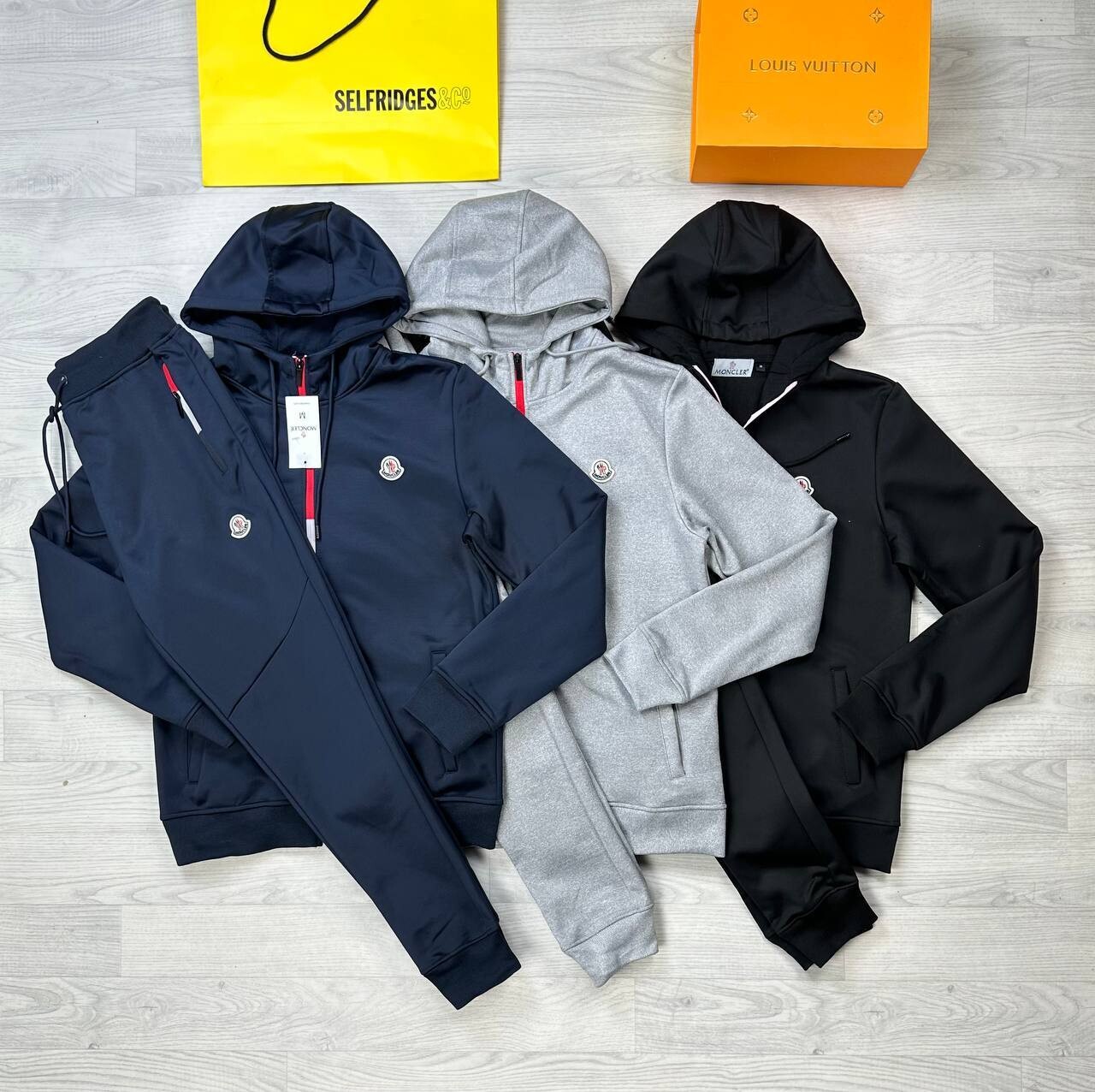 Moncler Men's Women's Replica Full Tracksuits Hoodie Cheap Knitted Long Sleeves Men Women Reps First Copy Sports Gym Boys Girls Zip Tracksuit Set Logo Nylon Fake Replica Black Navy Blue Grey Sale UK