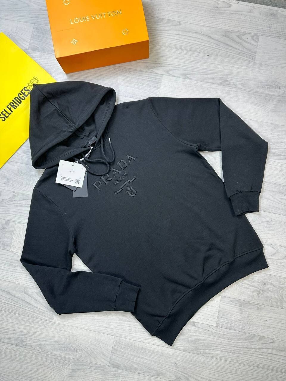 Prada Milano Men's Women's Designer Black Hoodies Fake Rep Sale UK Men Women First Copy Replica Hoodie Man Woman Luxury Cheap Price Sweatshirts 1st Copies Fakes Reps Brand Logo 1:1 Pullover Hoody 1 to 1 Sweatshirt AAA Duplicate