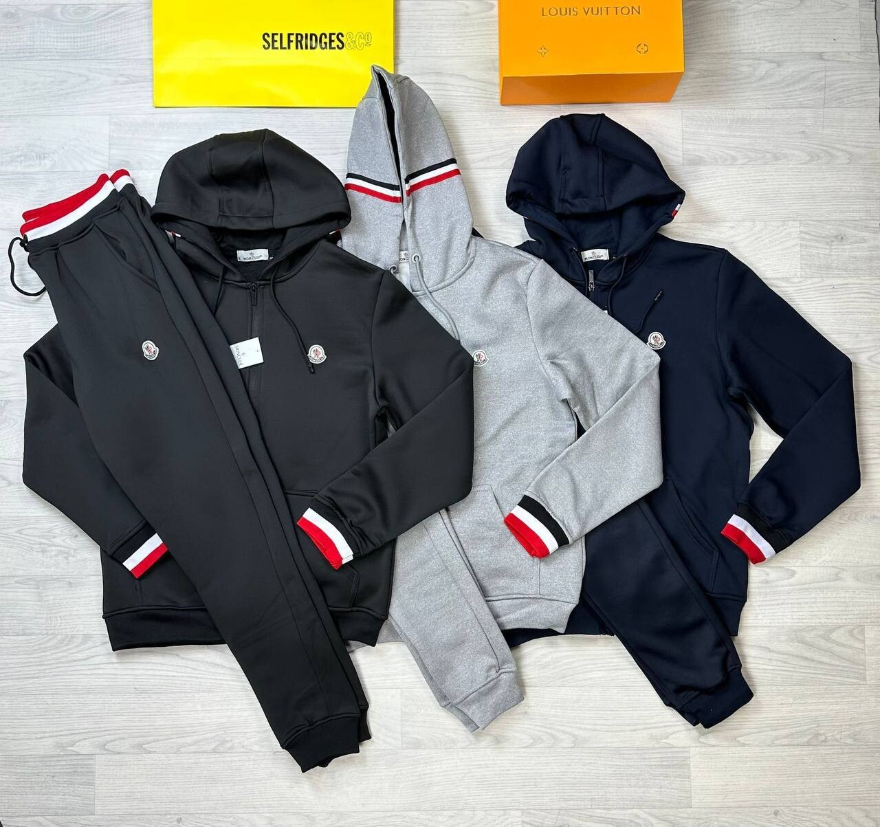 Moncler Men Women Rep Full Tracksuits Hoodie First Copy Cheap Knitted Long Sleeve Men's Women's Reps Slides Sports Gym Boys Girls Zip Tracksuit Set Logo Nylon Fake Replica Black Navy Blue Grey Sale UK