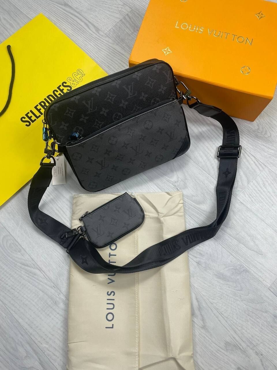 Louis Vuitton Mens Messenger Trio Bag Black Luxury Reps AAA Sale UK Men First Copy Fake Rep Crossbody Bags Man Cheap Price Fakes Designer Eclipse 1st Copies LV Brand Logo 1:1 Replica Leather Duplicate Long Belt Men's Wallet Original