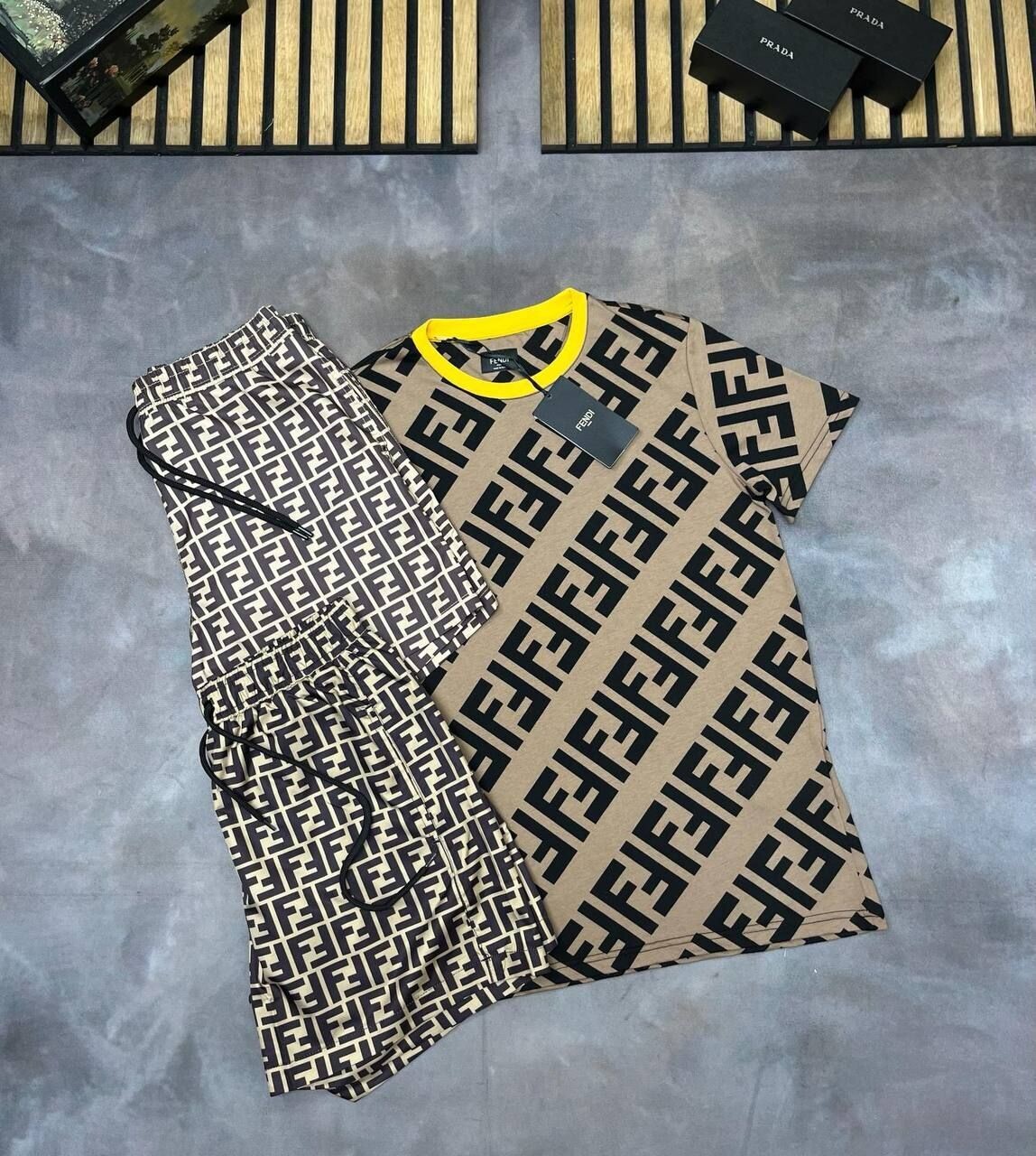Fendi FF Logo Printed T-Shirt With Nylon Swim Short Set In Brown & Black