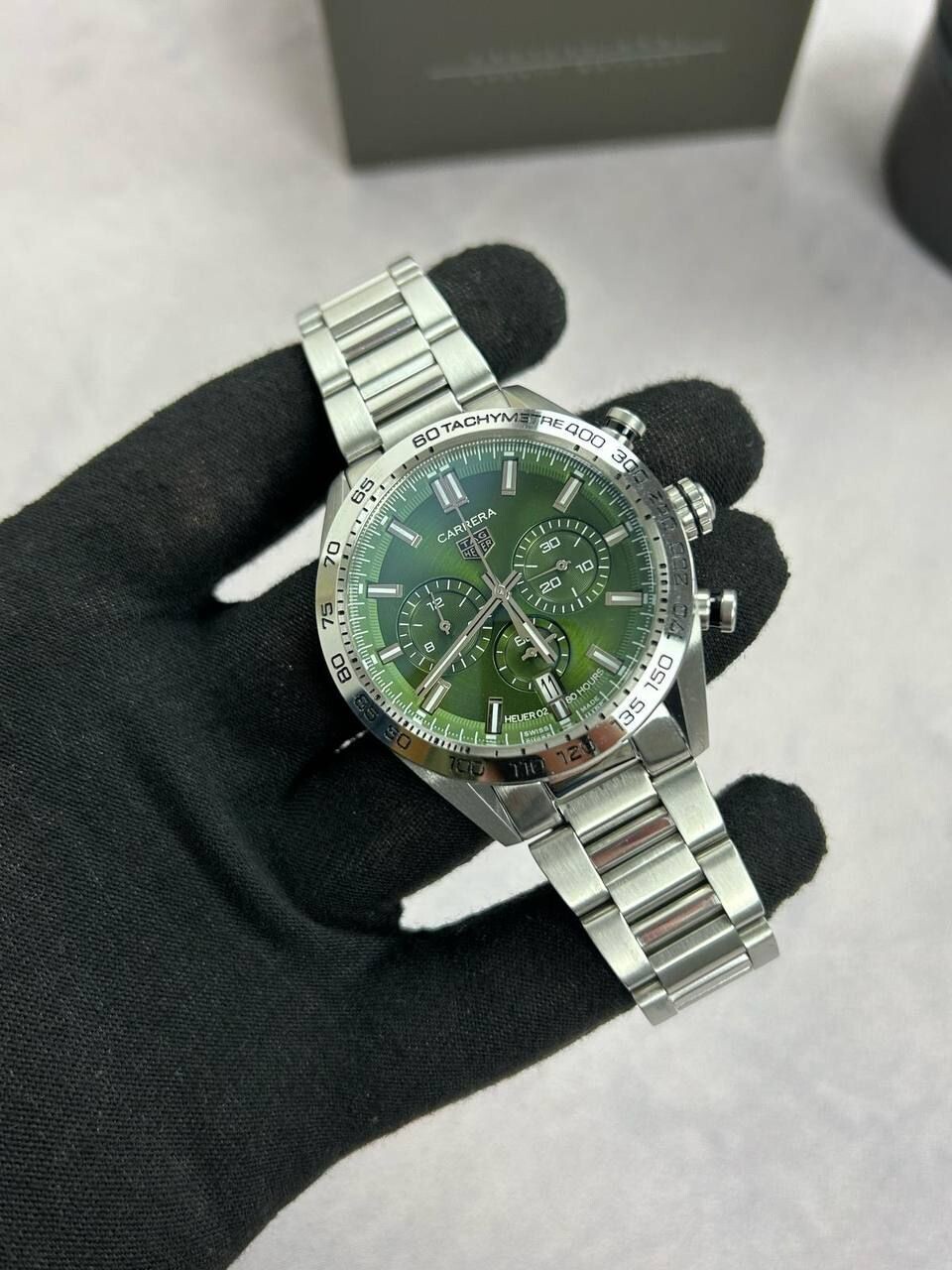 TAG Heuer Carrera Chronograph With Silver Chain Strap and Green Dial