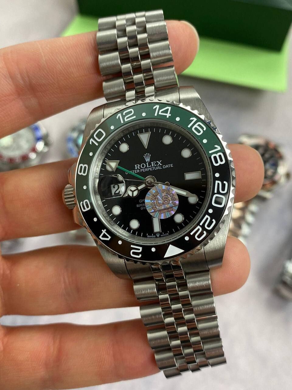 Rolex GMT Master II Black Dial Watch in Silver Chain Strap with Black/Green Bezel