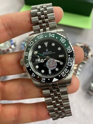 Rolex GMT Master II Black Dial Watch in Silver Chain Strap with Black/Green Bezel