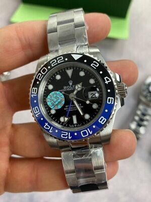 Rolex GMT Master II Black Dial Watch in Silver Chain Strap with Black/Blue Bezel