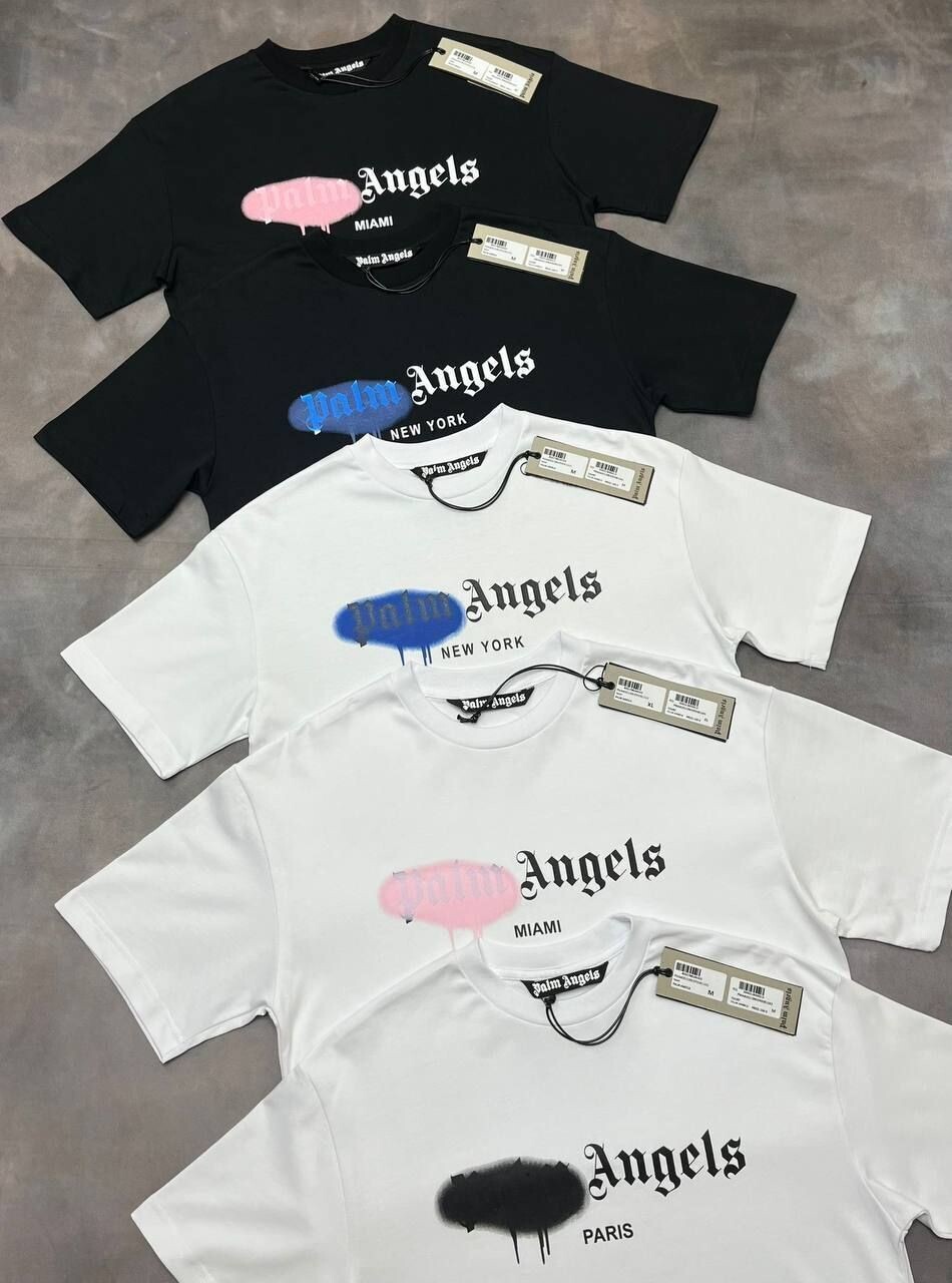 Palm Angels Men's Women's New York Spray Black White Tshirt Fakes Sale UK Men Women First Copies Designer Replica T-shirt Man Woman Cheap Price Tee Shirts 1st Copy Rep Tshirts 1:1 PA Fake Reps Brand Logo T-shirts 1 to 1 T Shirt AAA Duplicate