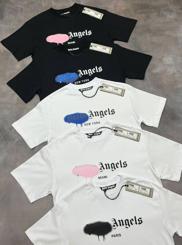 Palm Angels Sprayed Tshirt For Men's Print Crewneck Short Sleeve T-Shirt Reps Best Mens T Shirts Blue Pink Spray Men Printed Quality Tshirts Cheapest Fluffy White & Black Replica T-Shirts Sale UK Palm.Angels Oversized T Shirt Oversize Fake Logo Cheap Cheaper Round Neck Stuff Angeles Original Price Essentials Real Farfetch T.shirt Tee Shirt Rep Man Man's Tee Shirts Discount T.shirts Sizes S,M,L,XL,XXL