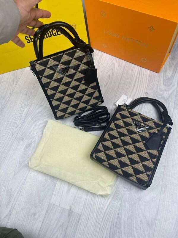 Prada Milano Symbole Embroidered Mini Tote Bag Prada Milano Women's Symbole Mini Tote Bag Black Beige Fakes Reps Sale UK Woman First Copy Cheap Price Replica Totebag Women 1st Copies Designer Shoulder Bags 1:1 Brand Logo 1 to 1 Fake Rep Luxury Embroidered Canvas Purse AAA Duplicate