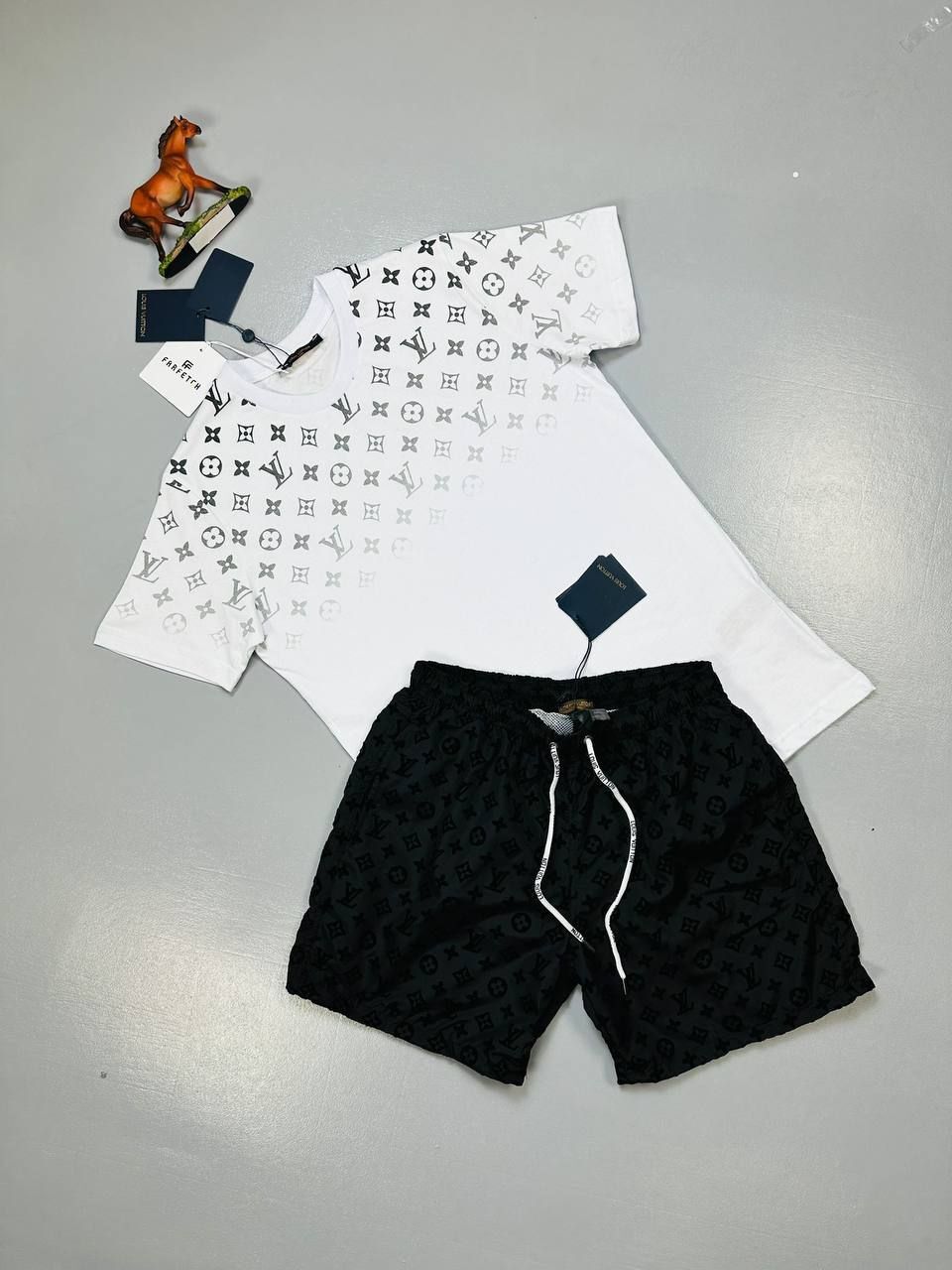 Louis Vuitton Men's Luxury Replica Black White Tshirt Shorts Set Sale UK Man First Copy Rep T-shirt Short Sets Cheap Price Reps Men T Shirt Pant 1st Copies Fake LV Brand Logo Designer Outfit 1:1 Fakes Fashion Boys Duplicate AAA Original
