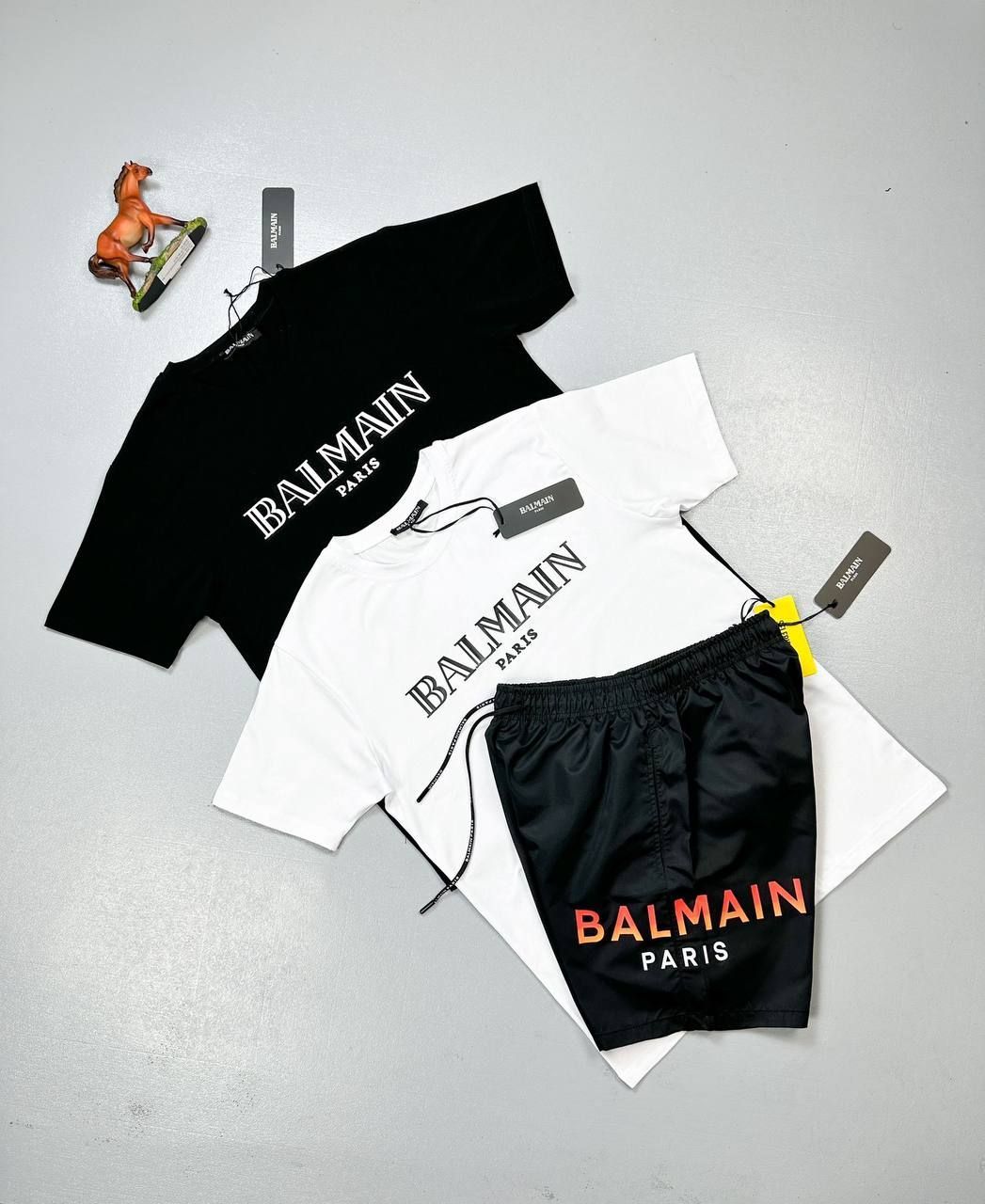 Balmain Paris Shorts Metallic Flocked Balmain T-Shirt Sets In Black & White