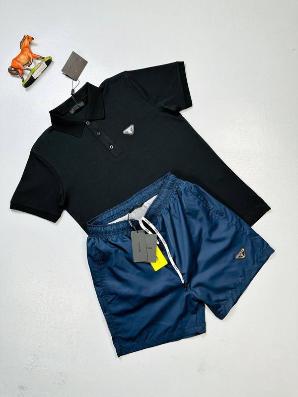Prada Milano Triangle Logo Polo Short Set Prada Milano Men Designer Black Polo Shirt Blue Shorts Set Fake Sale UK Man First Copy Rep Polos Shirts Cargo Swim Short Sets Men's 1st Copies Cheap Price Fakes Reps Luxury Replica 1 to 1 Nylon Joggers 1:1 Pants Brand Logo AAA Duplicate