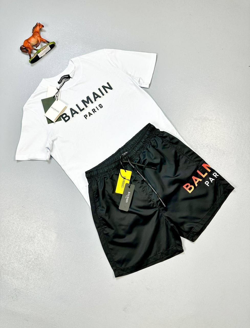 Balmain Paris Shorts Flocked Balmain T-Shirt Sets In Black & Blue Colors