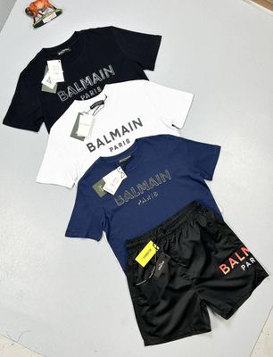 Balmain Paris Shorts Flocked Balmain T-Shirt Sets In Black & Blue Colors